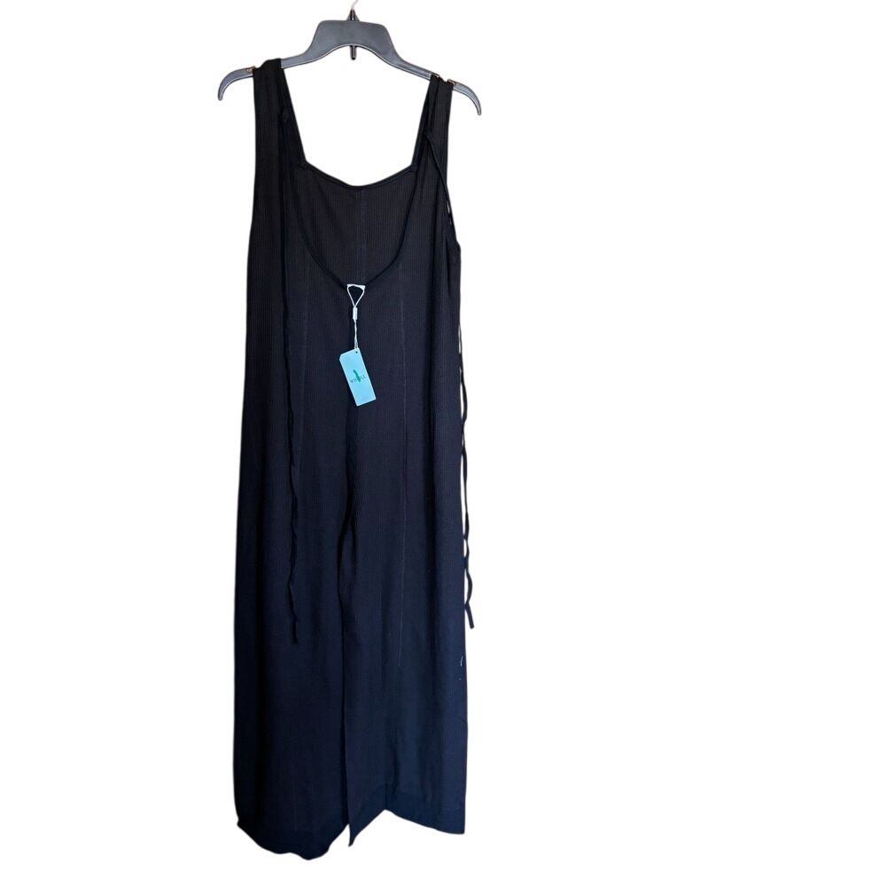 WIHOLLI Black Waffle Knit Wide Leg Romper PKTS Oversized Casual Jumpsuit LRG NWT